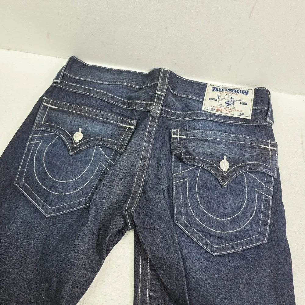 True Religion Jeans Men's 34x28 World Tour Boot Cut Dark Wash Thick Stitch EUC